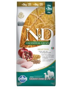 Farmina N&D Ancestral Grain med/max 15kg poulet & grenade Selection 12kg + 3kg 